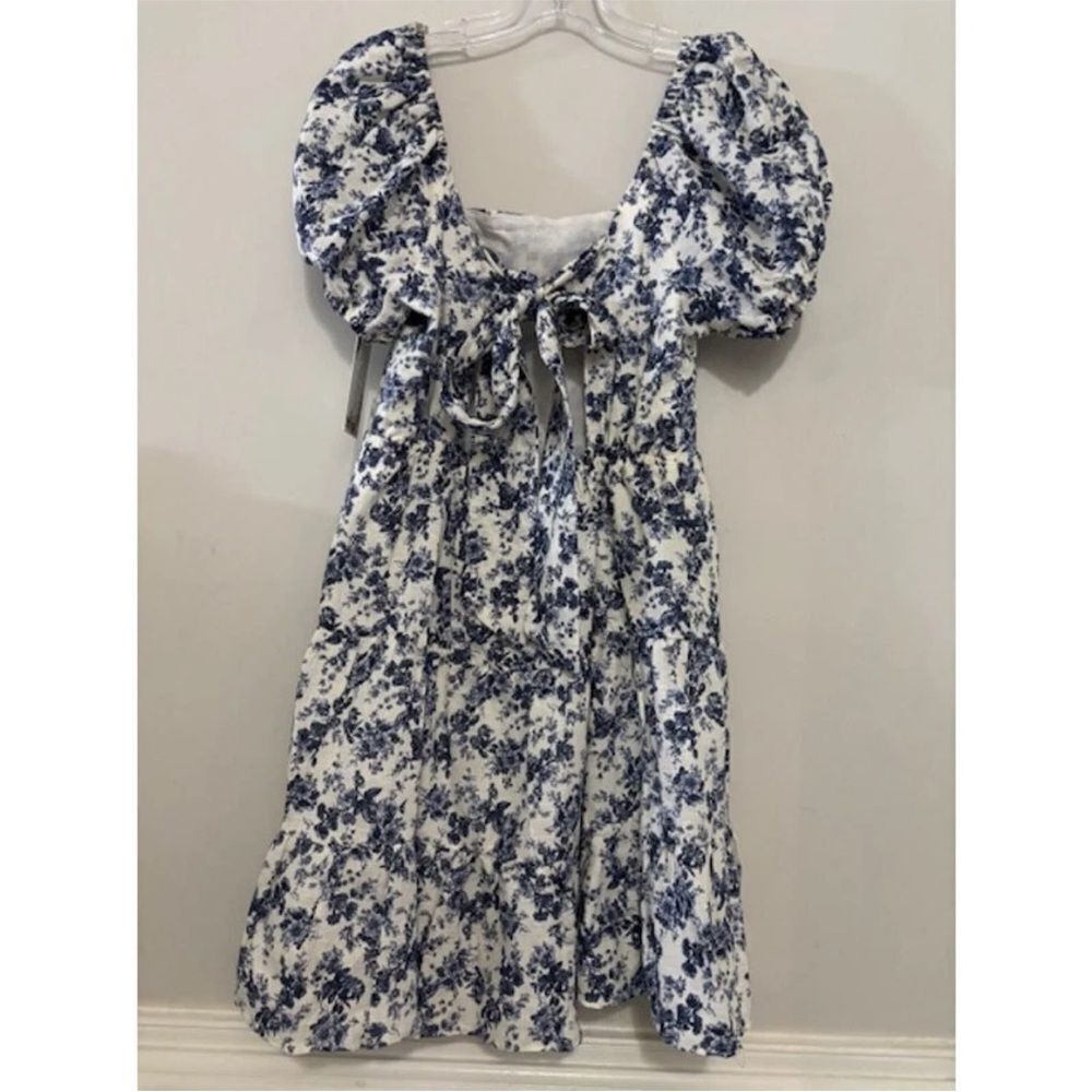 Chelsea & Violet blue and white Floral Puff Sleeve tie back Spring Toile dress